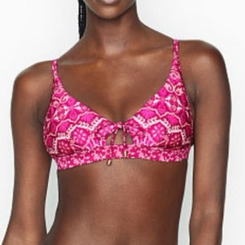 Tigerlily Swim Keyhole Triangle Bikini Top‎ Size L Pink Boho Print Tie Bow Girly